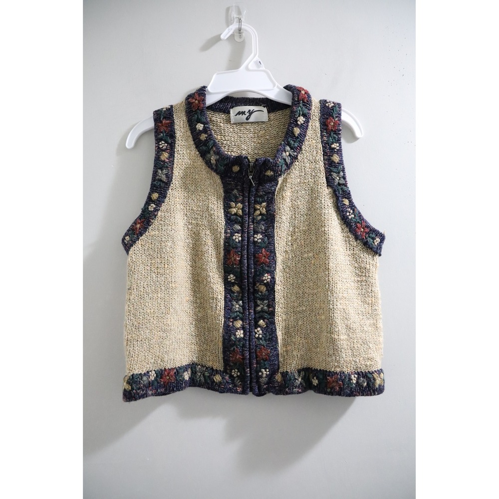 Vintage My Floral Embroidered Zip Up Sweater Vest‎ Beige Navy Knit Mock Neck